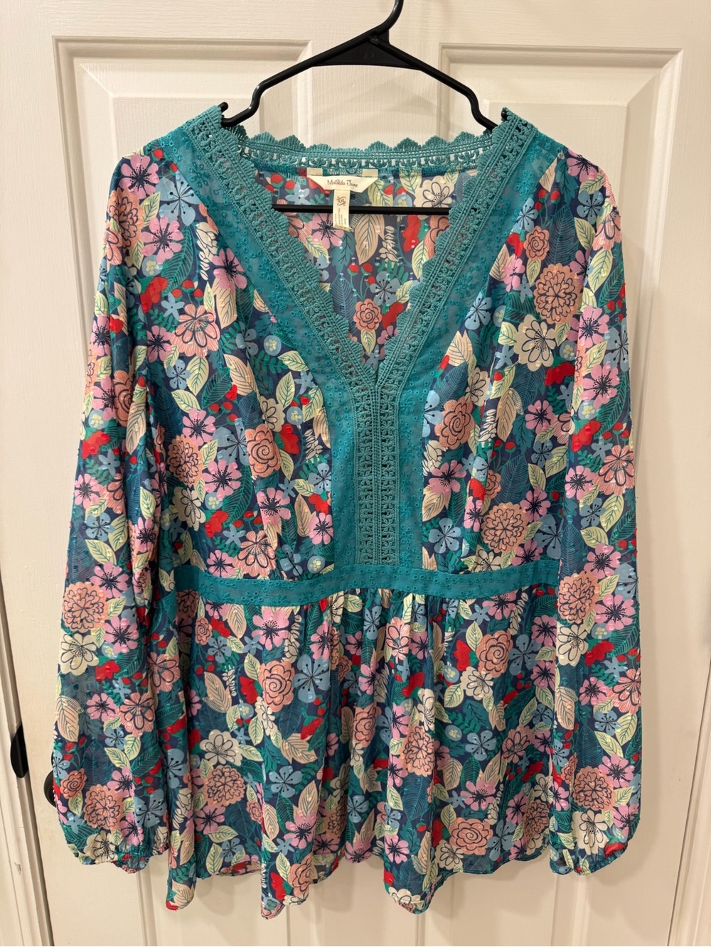 Matilda Jane Teal Multicolor Floral V-Neck Long Sleeve Blouse